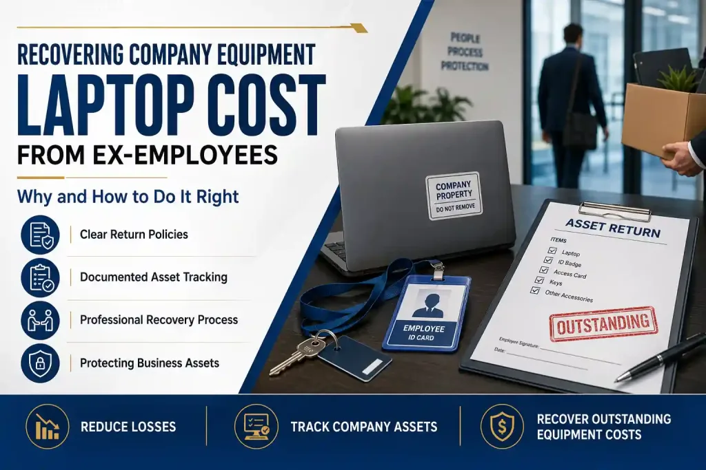 Company laptop and asset return checklist illustrating recovery of equipment costs from former employees.