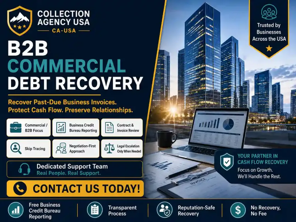 Recover past-due B2B invoices with professional commercial debt recovery. CA-USA offers business credit reporting, negotiation-first collections, and nationwide support.