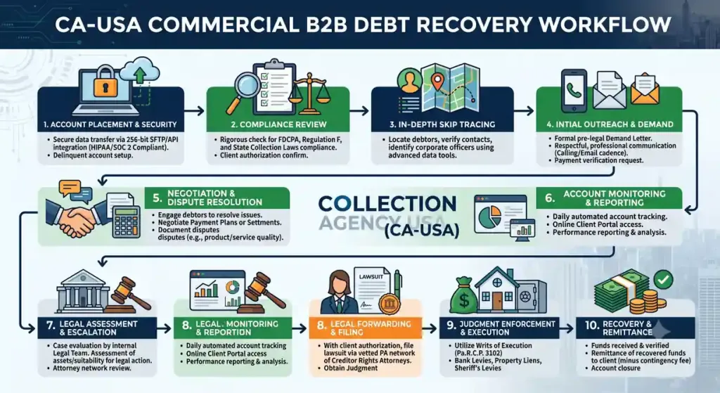 A 10-step flowchart infographic titled CA-USA Commercial B2B Debt Recovery Workflow detailing the debt collection process. Steps move sequentially from Account Placement & Security using 256-bit SFTP/API and SOC 2 compliance, through In-Depth Skip Tracing, Initial Outreach, and Negotiation. The process includes Legal Assessment, Legal Forwarding & Filing to obtain a judgment, and Judgment Enforcement using Writs of Execution and bank levies. The workflow concludes with Recovery & Remittance of funds. Each step has modern icons, process summaries, and regulatory references. The central logo shows Collection Agency USA (CA-USA)