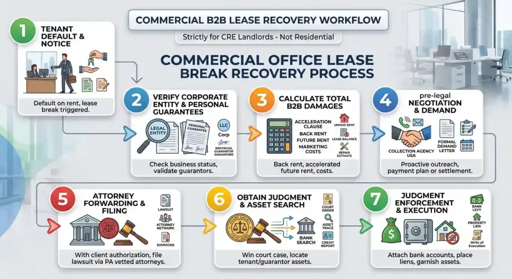 Seven-step infographic showing the B2B Commercial Office Lease Break Recovery Process for CRE landlords, detailing corporate entity verification, calculating acceleration clause damages, pre-legal demand letters, attorney forwarding, and judgment enforcement via bank levies.