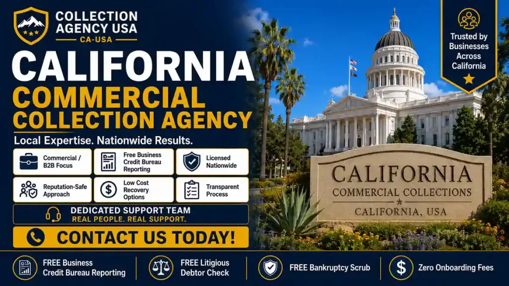 California commercial collection agency helping businesses recover overdue B2B invoices across Los Angeles, San Francisco, San Diego and California