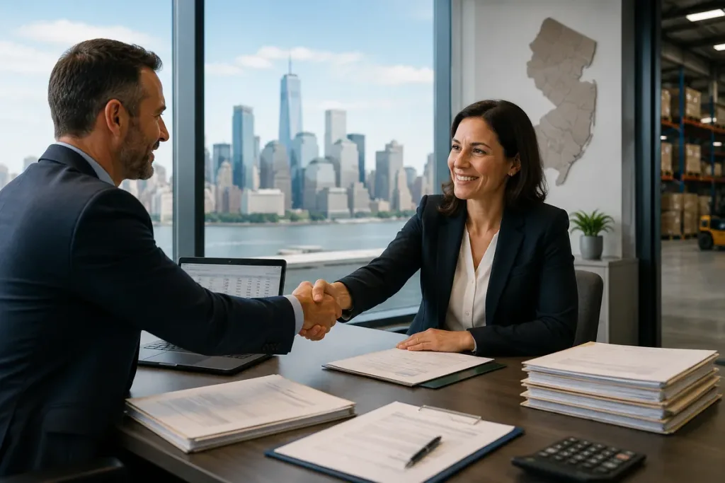 Business professionals discussing New Jersey commercial debt collection and shaking hands in an office overlooking the Jersey City skyline.