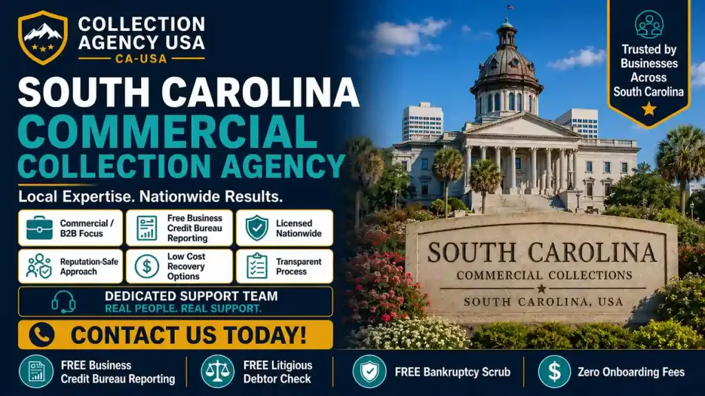 South Carolina commercial collection agency for B2B debt recovery, unpaid business invoices, business credit bureau reporting, bankruptcy screening, and nationwide commercial collections.