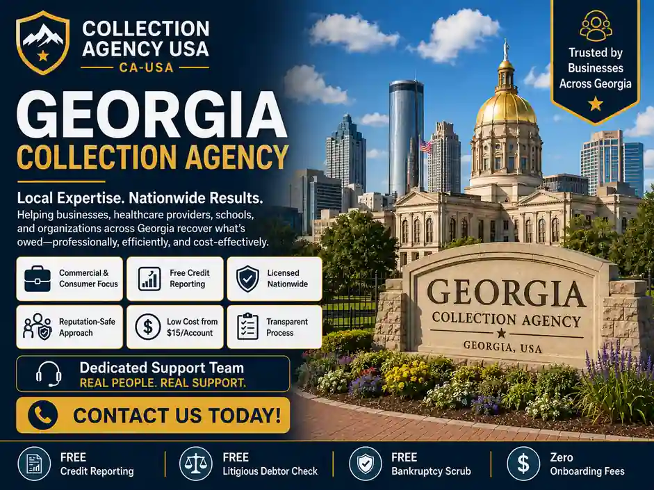Georgia collection agency helping businesses recover unpaid commercial invoices and B2B debts with nationwide collection services, credit reporting, bankruptcy screening, and reputation-safe recovery.
