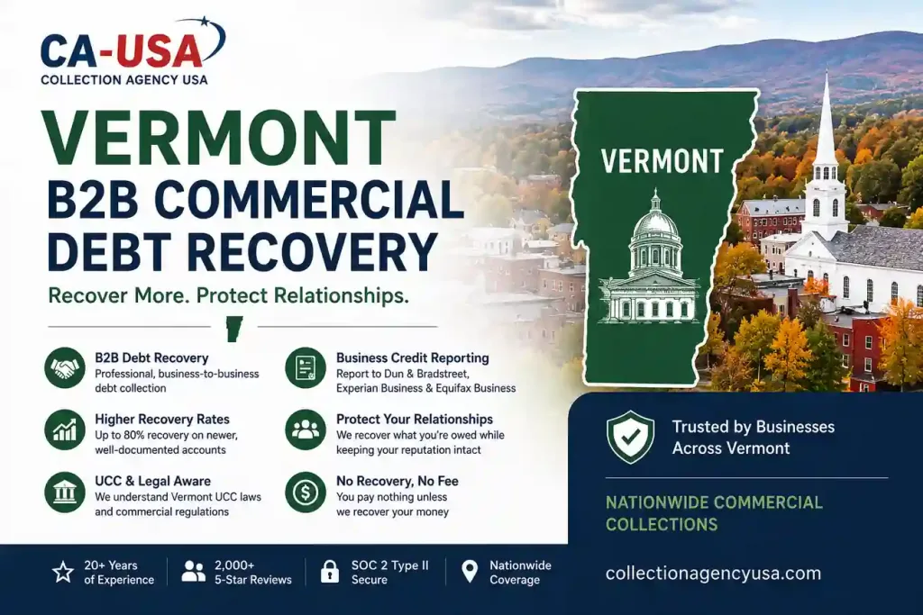 Vermont B2B commercial debt recovery services for unpaid business invoices, business credit reporting, UCC-aware collections, and nationwide commercial recovery.