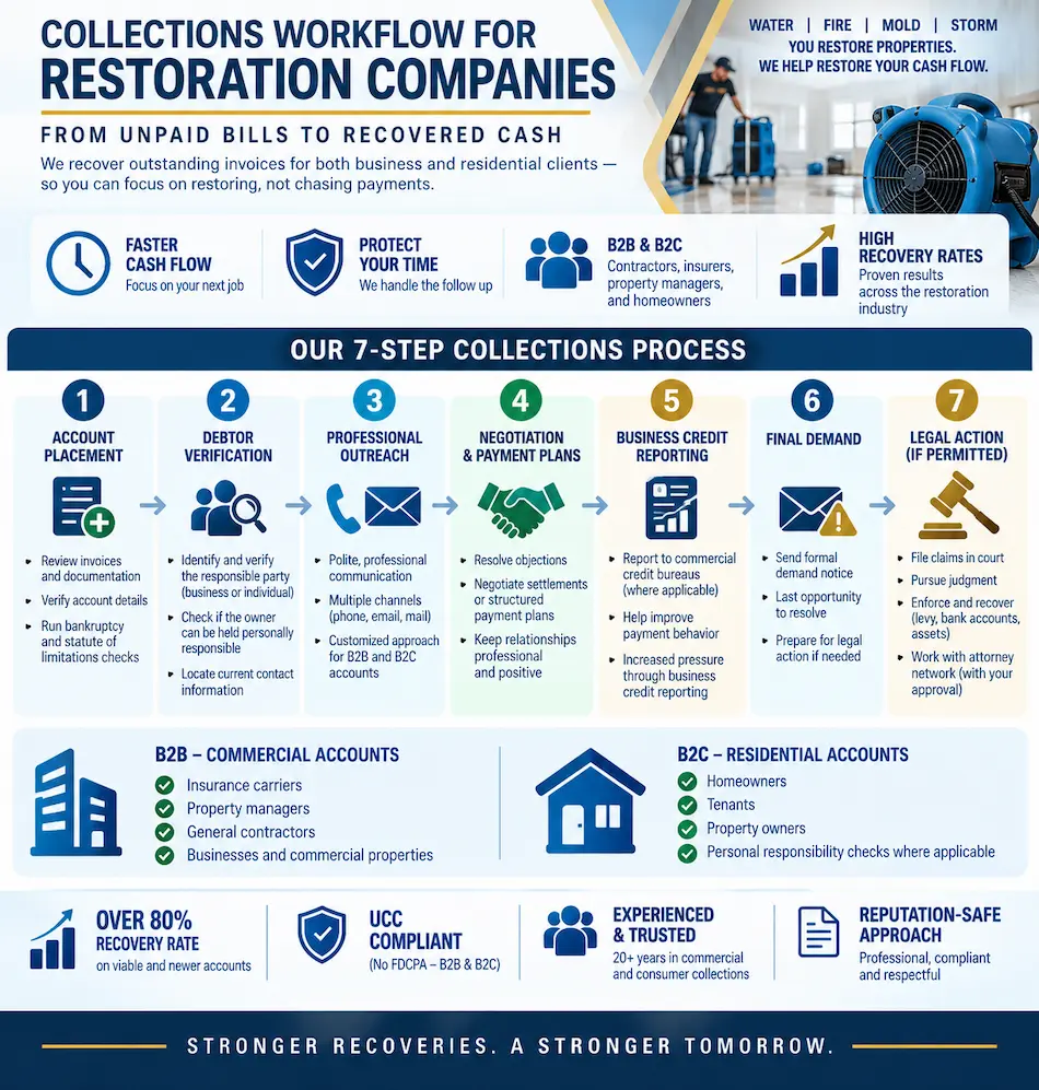 7-step B2B and B2C collections workflow for restoration companies.