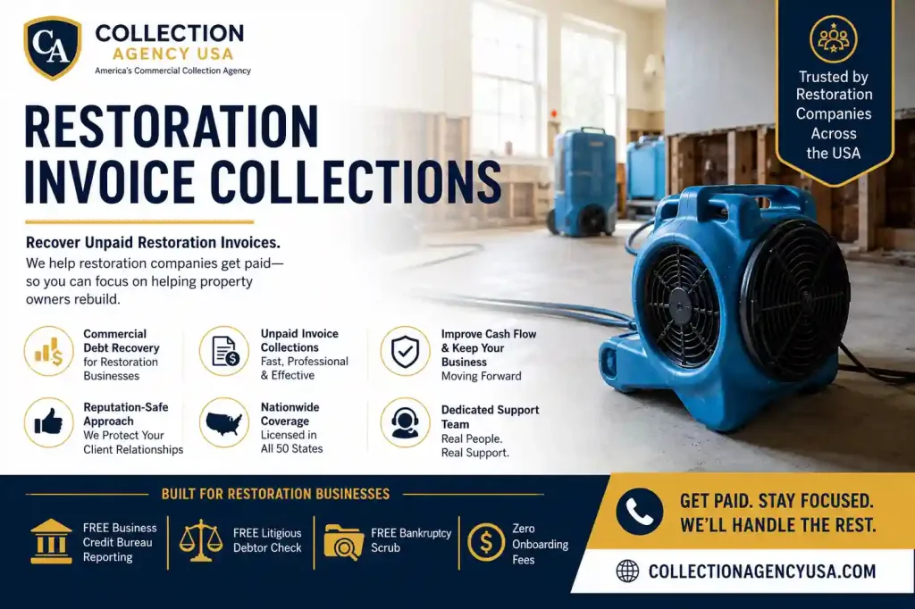 Recover unpaid restoration invoices with Collection Agency USA. Professional B2B collections, nationwide coverage, business credit reporting, and reputation-safe recovery.