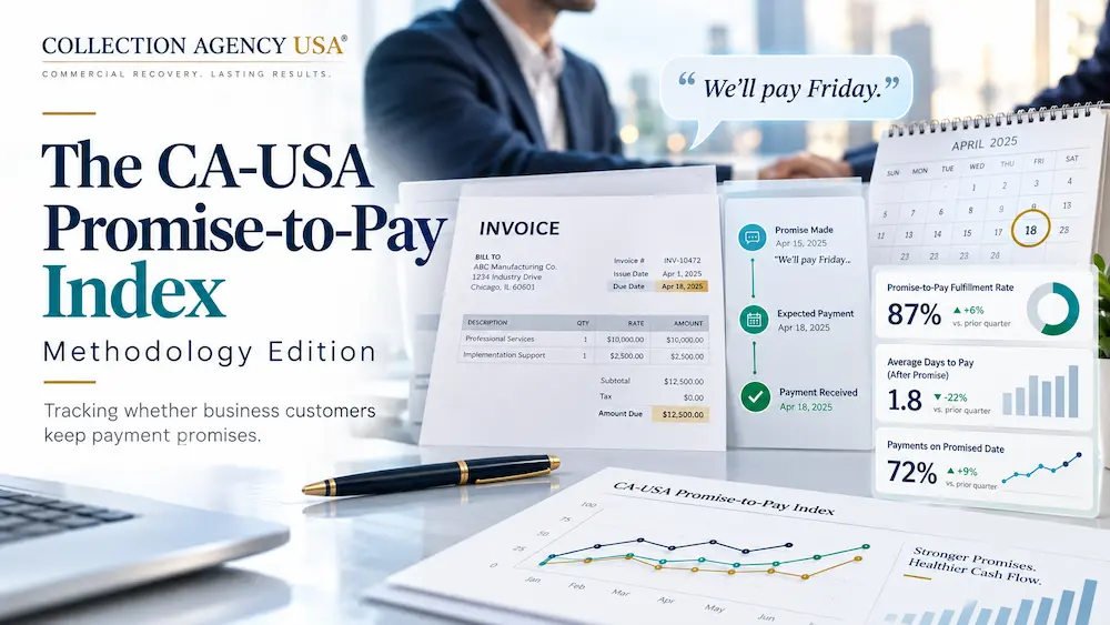 Promise-to-Pay Index showing a commercial invoice, promised payment date, payment tracking timeline and B2B payment fulfillment metrics.