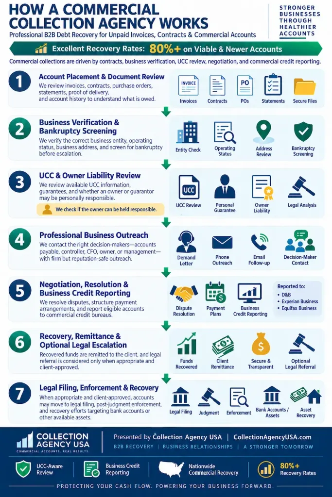 7-step commercial collection agency process infographic.